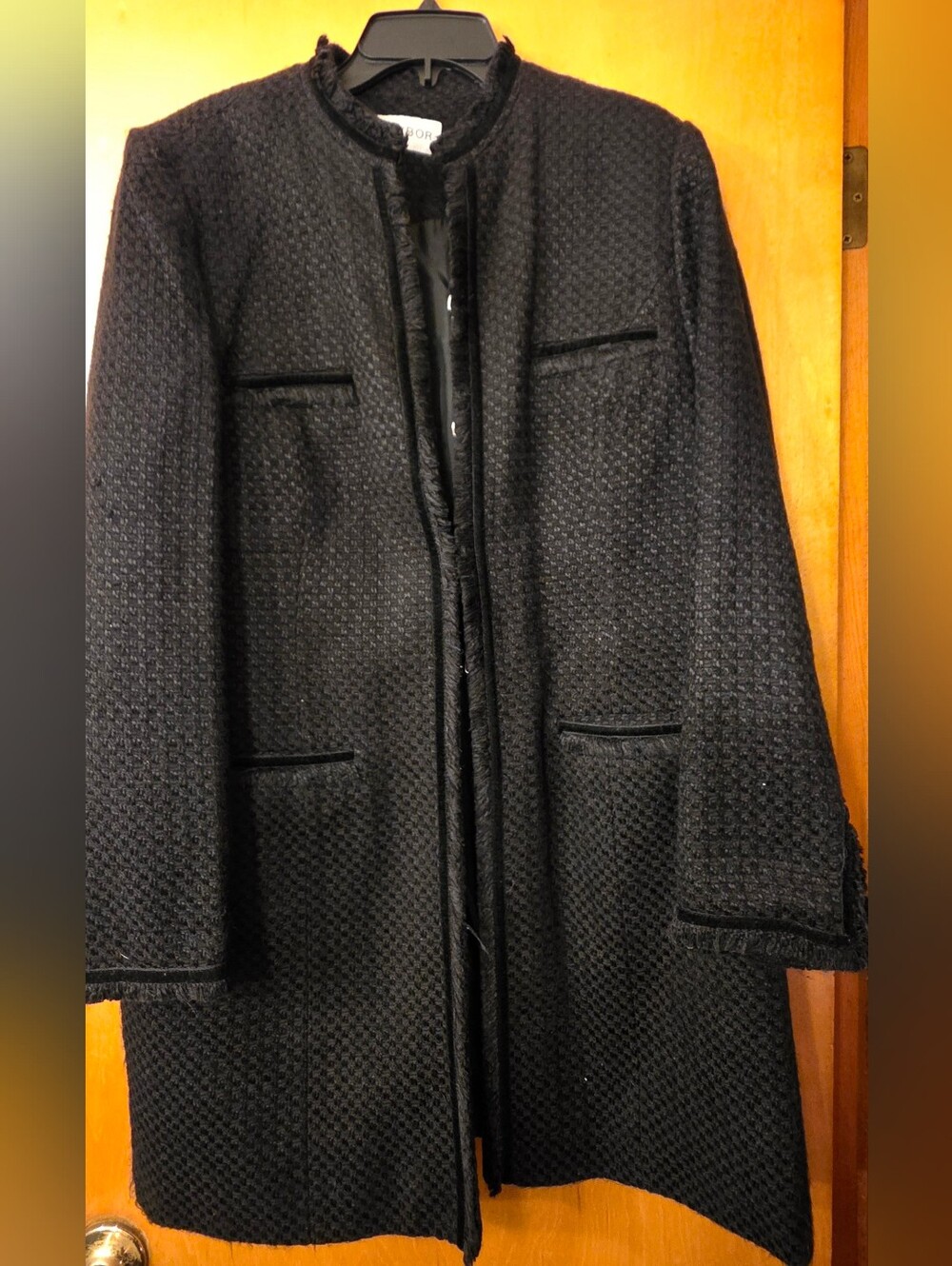 Sag Harbor Black Boucle Tweed Jacket Fringe Trim Hook Closure Size M